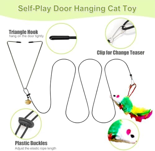 Door Hanging Cat Toys with Suction Cups, Interactive Hanging Feather & Plush Cat Toy with Bell, Assorted Replaceable Refills for Indoor Kitten Hunting Exercise & Boredom Relief (5 Pcs Assorted)
