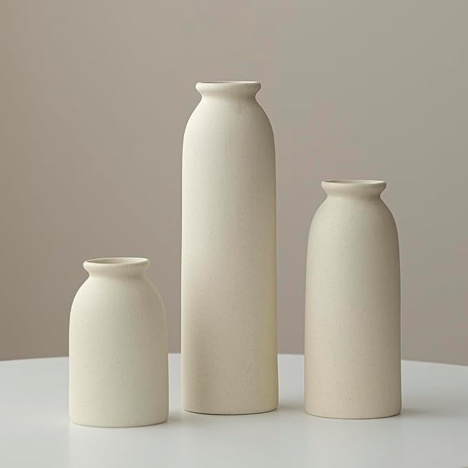 10.4 inches Tall Decorative Ceramic Vase Set, 3 Pieces, 10 inches Nordic Modern Style, White, Farmhouse Home Boho Shelf Decor(Beige L)