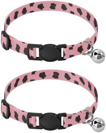 2 Pack Puppy Collar Cow Spots Pink Breakaway Cat Collars with Bell, Adjustable Length 10.6" to 17.1"
