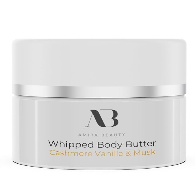 Amira Beauty Body Butter - Whipped Rich Lightweight Hydrating Coconut Oil & Vitamin C to Soften & Moisturize Skin - Scented with Cashmere Vanilla & Musk Body Lotion, 2.4 oz