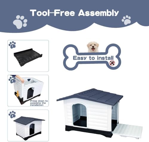 2-Door Small Dog House with Fold-Out Porch and Elevated Base, Gray