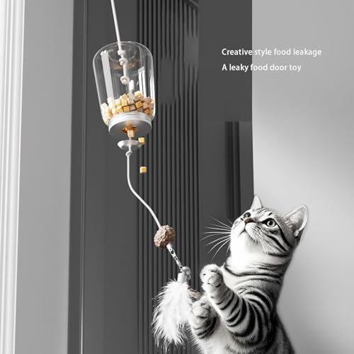 Fockety Interactive Cat Dog Toy, 2 in 1 Teaser Feeder with Retractable Feather and Treat Dispenser, Hanging Cat Toy for Indoor Kitten and Adult Cats Mental Stimulation Play