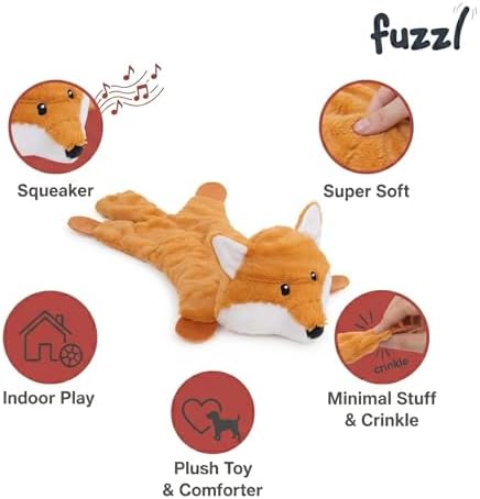 Fuzzl Freddy Fox Crinkle & Squeak Dog Toy – Low Stuffing Soft Plush Puppy Toy – Interactive Squeaky Dog Toy for Small to Medium Dogs – Crinkly Fox Toy for Shaking, Tossing & Snuggling