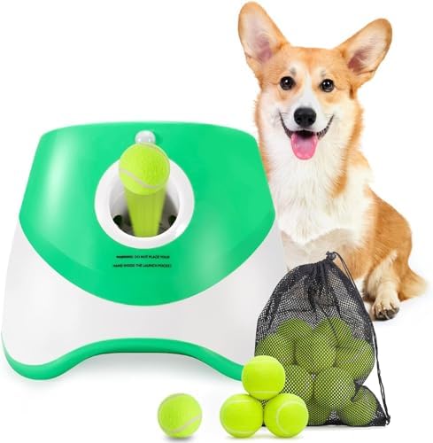 MEKAPLE Automatic Dog Ball Launcher, Dog Ball Thrower with 15 Mini Tennis Balls Sizing 2 Inch and Mesh Bag, Interactive Dog Toys Tennis Ball Launcher for Small Dogs with 3 Distance Settings
