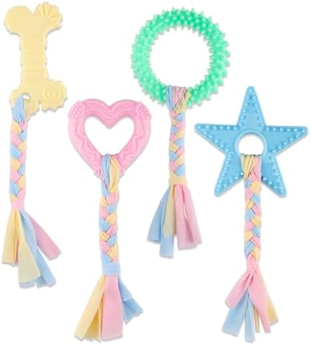 4 PCS Puppy Chew Toys for Teething Small Breed, Puppy Teething Ring, Soft Rubber Durable Dog Teething Toys, Rope Dog Toys, Funny Interactive Toy, Puppy Toys for Small Puppies, Dog Toys Set (Style 11)