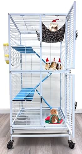 Two Full Story Deluxe Double Unit 4-Tier Chew-Proof Tight 1/2-Inch Bar Spacing Double Durable Front Doors Feisty Ferret Hammock Squirrel Chinchilla Rat Hamster Gerbil Small Animal Critter Rolling Cage