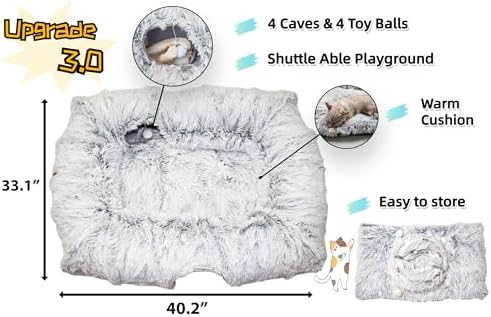XxingSheep 4 Cave Shuttled XL Cat Tunnel Bed for Indoor Cats Peekaboo Toy Donut with Warm Mat, Azure Blue