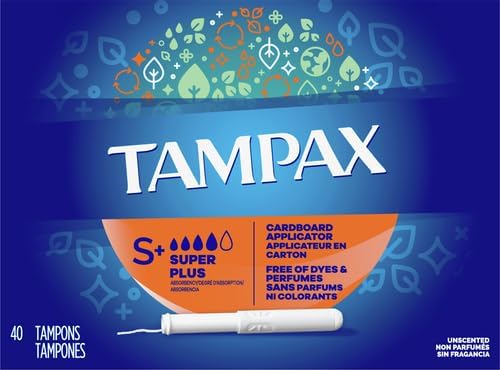 Tampax Cardboard Tampons for Women Super Plus Absorbency, Anti-Slip Grip, LeakGuard Skirt, Unscented, 40 Count (Pack of 4)
