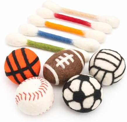 Glaciart One Cat Qtip Toy Set, 5 Pcs Wool Felt Cat Sport Balls (1.5 Inch) & 6 Pcs Cotton Swab Cat Toys, Natural Wool Cat Toys for Indoor Cats