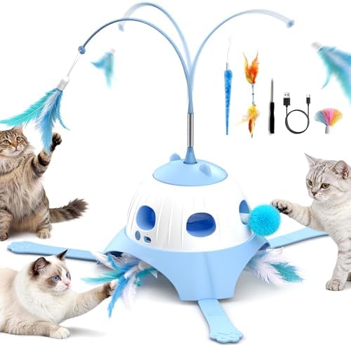 Casfuy 3-in-1 Interactive Whack-a-Mole & Rotating Feather Wand Cat Chasers Toy with Plush Tail, Blue