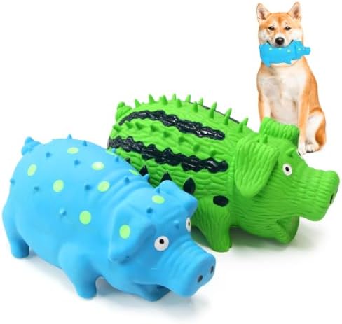 Squeaky Pig Dog Toys, Interactive Durable Latex Rubber that Oink Pig Chew Toy for Medium Large Dogs 2 Pack (Blue+ Green)