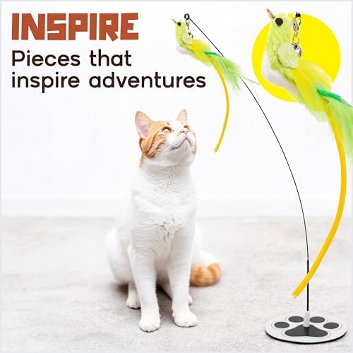 Bird Toy for Cats - 5 Pack Natural Feathers Stable Round Base - Interactive Wand Teaser - Self Play Hunting Enrichment - Bored Indoor Adult Feline Activity - Stimulating Kitten Juguetes para Gatos