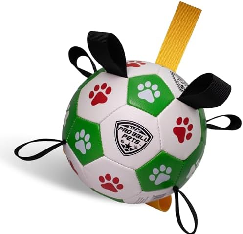 Maccabi Interactive Dog Soccer Ball for Dogs, 6” with Straps & Grab Tabs, Floats on Water, Fetch & Training Toy for Small/Medium Dogs, Herding Breeds, Waterproof Non-Toxic – ProBall Pets – Green Red