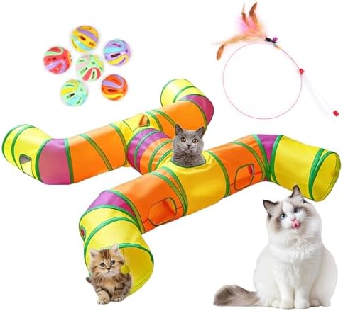4-Way Large Cat Tunnel, H Shape Cat Tube Toy with Interactive Playing Balls, Peek Hole for Indoor Cats, Kitten, Kitty, Puppy, Rabbit (Multicolor)