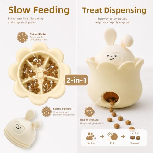 Interactive Dog Puzzle Toy for Freezable Licking&Treat Dispensing | Interactive Slow Feeder,Fill with kibble, or create freezable treats,Suitable for outdoor use, For All Dogs (Beige, Rabbit)