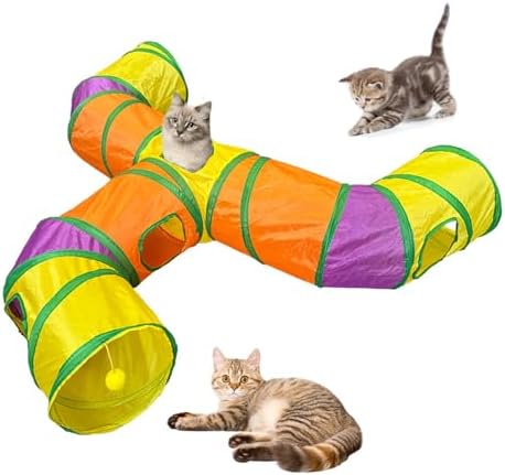 3-Way Cat Tunnels for Indoor Cats with Peek Hole, Large Foldable Rainbow Pet Tube Toy with Hanging Ball, Fun Interactive Toys for Kittens, Rabbits, Small Dogs