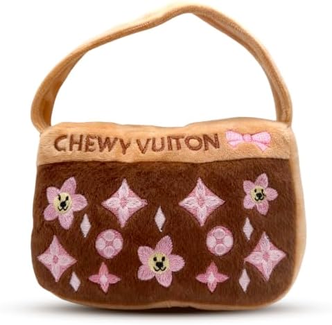 Dog Diggin Designs Chewy Vuiton Brown Blossom Plush Dog Toy Purse | Luxury-Inspired Parody Designer Handbag with Squeaker, Soft Plush Fashion Dog Toy – Haute Couture Purses & Handbags