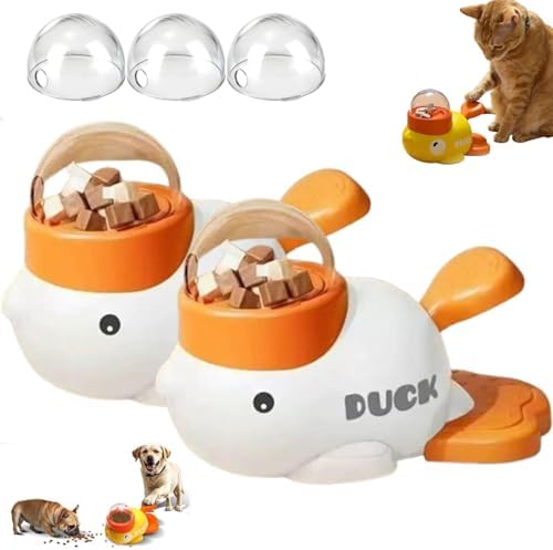 Duck Cat Treat Dispenser, Interactive Button-Operated Slow Feeder with 3 Grain Bin Covers, Puzzle Toy for IQ Training & Mental Stimulation (2pcs White)