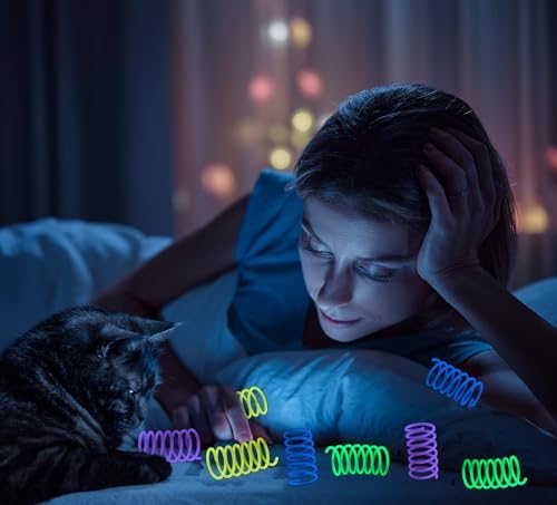 Fashion's Talk 12PCS Glow-in-The-Dark Springs Cat Toys for Indoor Cats,Jelly Color Interactive Play Kitten Toys for Chase and Exercise