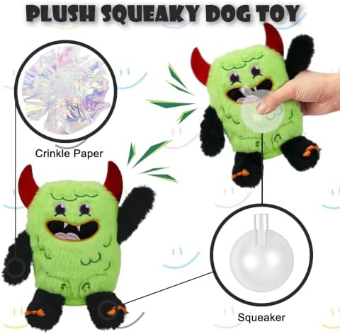 Monster Plush Squeaky Dog Toy Crinkle Dog Chew Toy for Small Medium Large Dogs, Green