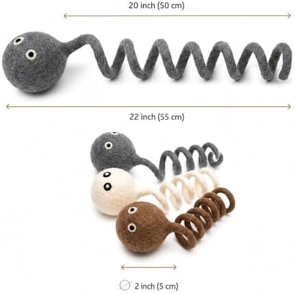 Glaciart One Felt Spring Cat Toy – 3 Pcs Soft Fuzzy Enrichment 100% Natural Wool - Interactive Stretchable Play Set - Safe for Pets, Non-AZO Colored Dyes - 4” Long