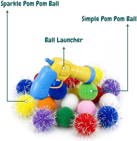 50 Count 1.2 Inches Pom Pom Balls with Cat Ball Launcher, Interactive Cat Toy for Indoor Kittens, 25 Pcs Sparkle and 25 Pcs Simple Pompoms are Included for Exercise, Training & Boredom Relief
