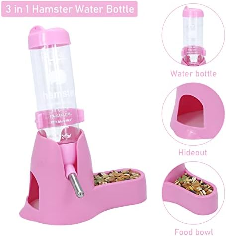 Wontee 3 in 1 Hamster Water Bottle with Food Bowl Hideout Base, 125ML, Pink