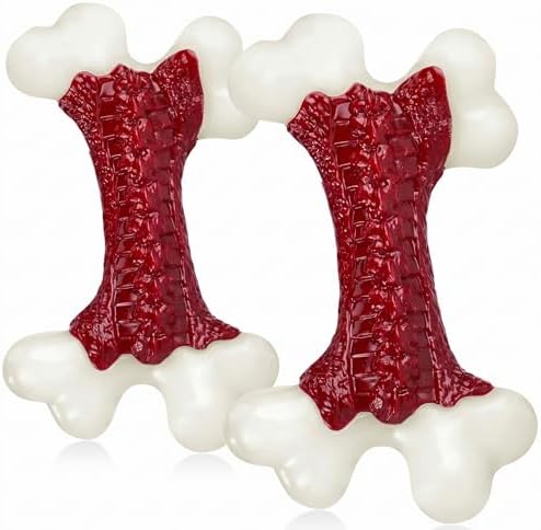 Kseroo 2-Pack Dog Toys for Aggressive Chewers Medium/Large Breed, 8-Inch Solid Nylon Dog Chew Bones, Beef Flavored Tough Dog Toys for 20-90lb Dogs, Red