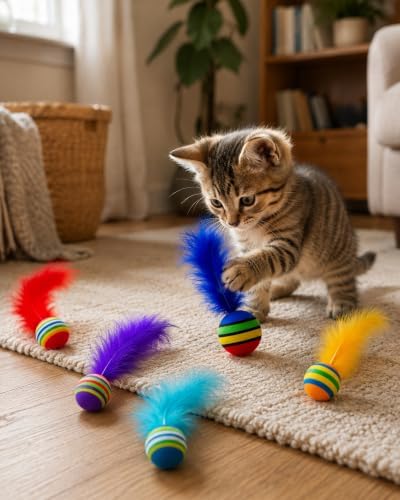 PET SHOW 20 Pack Cat Toy Balls for Indoor Cats 1.4inch with Feathers