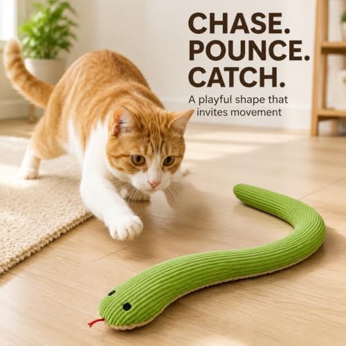 Green Plush Snake Shaped Cat Interactive Accessory with Crinkle Paper, Durable Indoor Feline Activity Supply for Household Cats