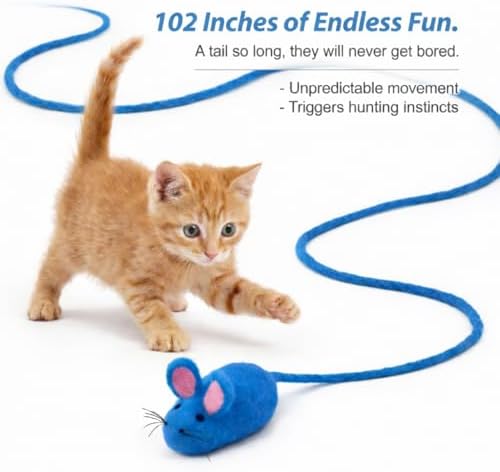 Glaciart One Felt Mouse Cat Toy – Soft Fuzzy Enrichment 100% Natural Wool - Interactive Catnip Play Cat Toy Set - Safe for Pets, Non-AZO Colored Dyes - 100” Long