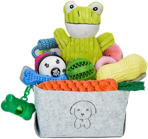 MRSOHRET 20Pcs Puppy Chew Toys for Teething, Dog Chew Toys with Rope Toys, Pet Dog Toothbrush, Treat Balls, Plush Toys and Squeaky Toy for Small Medium Dogs with Basket