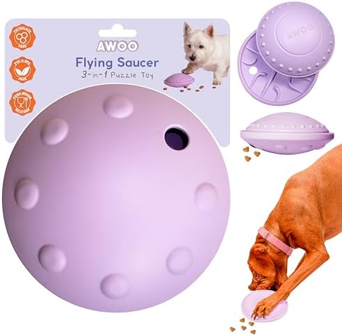 Awoo Flying Saucer Toy - 3-in-1 Silicone Dog Treat Puzzle, Lick Mat and Slow Feeder - for Wet and Dry Food - Dishwasher Safe Pet Toy - Enrichment Game for Dogs from 30 to 90 lbs - Large (Lavender)
