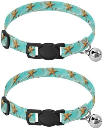 2 Pack Cats Collar Starfish Seashells Turquoise Cat Collar with Bell, Adjustable Length 10.6" to 17.1"