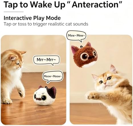 Interactive Cat Toy with Realistic Meow Sounds, Touch Activated Self Play Plush Kitten Toy, Durable Bite Resistant Cat Plush Ball, Cat Entertainment Toy for Indoor Cat （Calico Cat）