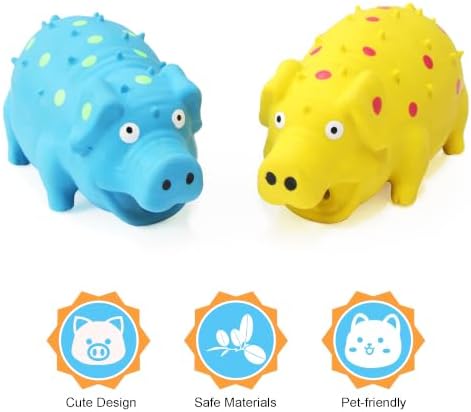 Squeaky Pig Dog Toys, Interactive Durable Latex Rubber that Oink Pig Chew Toy for Medium Large Dogs 2 Pack (Blue +Yellow)