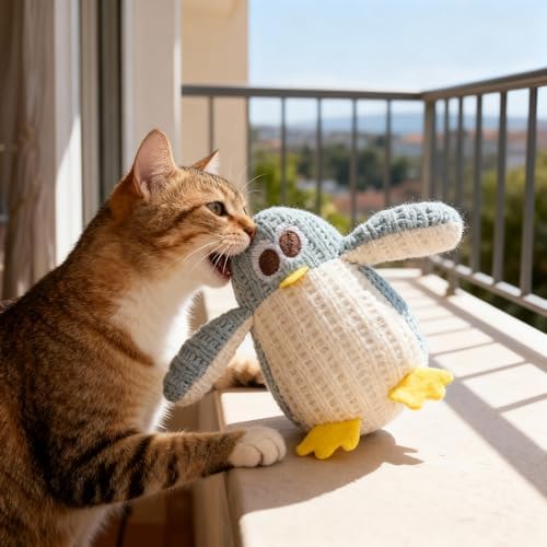 Cat Chew Toy, Soft Penguin Plush with Yellow Feet, Durable Teething Toy for Kittens and Adult Cats, Boredom Relief