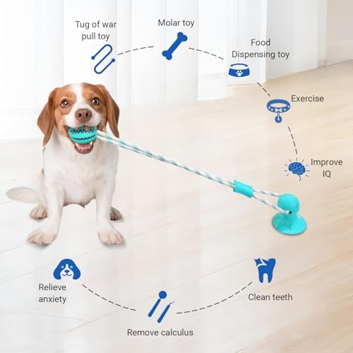 Interactive Dog Toys to Keep Them Busy, Suction Cup Tug of War Rope, Puppy Teething Chew Toy, Treat Dispensing Puzzle Ball for Aggressive Chewers, Small Medium Dogs - Blue