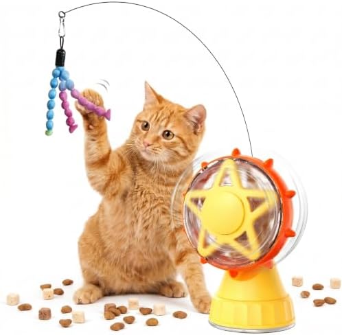 Interactive Cat Toy Ferris Wheel Treat Dispenser - Slow Feeder Puzzle Toy with Strong Suction Cup & Teaser Wand - Mental Stimulation Enrichment Toys for Indoor Cats & Kittens