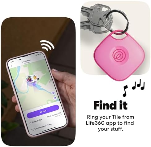 Life360 Tile - Bluetooth Tracker, Keys Finder and Item Locator for Keys, Bags and More. Phone Finder. Both iOS and Android Compatible. 1-Pack (Pink Punch)