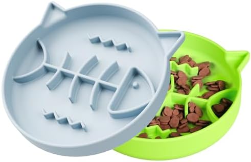 Silicone Cat Slow Feeder,Slow Feeder Bowl Wet Food with Suction Cups，Cat Interactive Toys,Effectively Reduce Overeating in Kitty (Blue+ Green, 1 Cup)