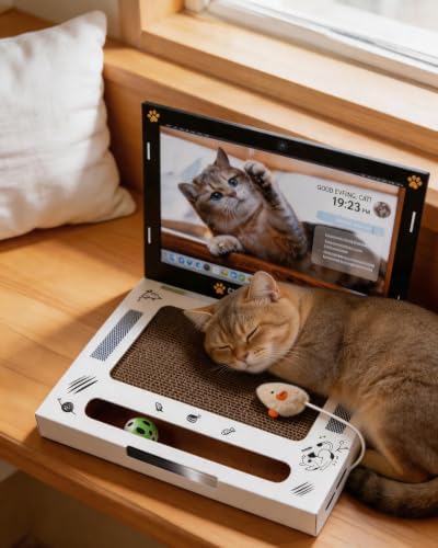 Cat Laptop Scratcher, Corrugated Cardboard Cat Laptop Toy with Plush Mouse Jingle Ball, Interactive Scratch Pad Pro Laptop for Cats