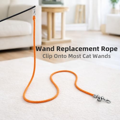 5 Pack Cat Wand Replacement Strings – Interactive Cotton Rope Cat Toy with Clips & Bell for Indoor Cats