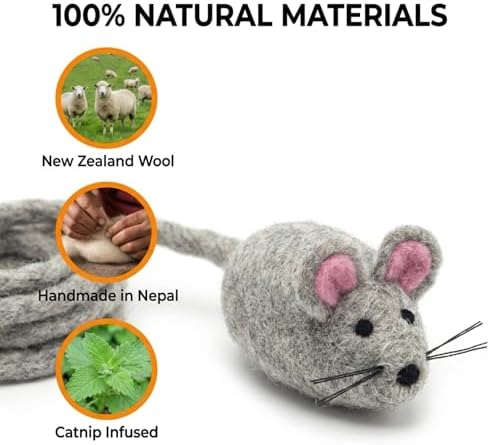 Glaciart One Felt Mouse Cat Toy – Soft Fuzzy Enrichment 100% Natural Wool - Interactive Catnip Play Cat Toy Set - Safe for Pets, Non-AZO Colored Dyes - 42” Long