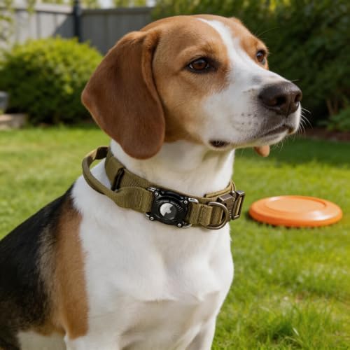 Personalized Tactical Dog Collar with Waterproof airtag Holder & Name Phone Number, Heavy Duty Nylon Military Dog Collar with Strong Metal Buckle for Medium and Large Dogs(Khaki,M)