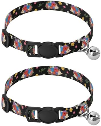 Cute Hedgehogs Flowers Black Pet Collars 2 Pack Small Cat Collar Adjustable Length 10.6" to 17.1"