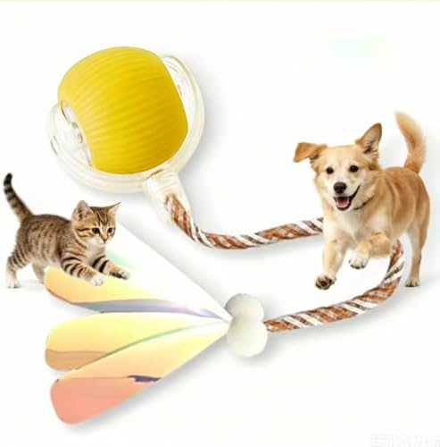 Automatic Rolling Ball Toy for Cats & Dogs. Self-moving electric toy relieves boredom. Sweet gift for your furry babies, perfect for small and large dogs. (1, Yellow Ball with Feather Tail)