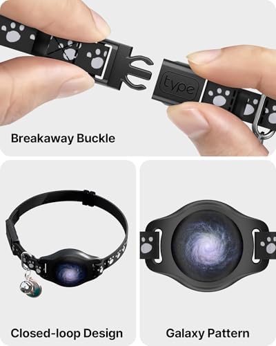 Cat Tracker Collar with Finder Tag - Waterproof Airtag Cat Collar, Black | Breakaway Tractive with Reflective Pattern & Bell, 8-12", Compatible with Apple Find My (iOS ONLY Not for Android Devices)