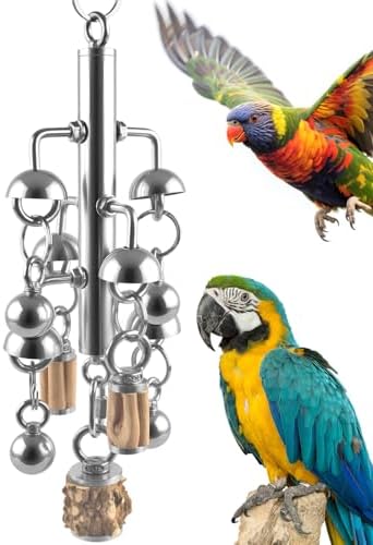 KATUMO Large Bird Toys, Natural Wooden and 304 Stainless Steel Bell Toy for Parrots, 1.46 LB Heavy Birds Cage Toy for Amazon Parrot, African Greys, Budgies, Lovebirds, Cockatiels,Cockatoo