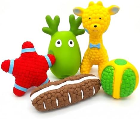 Natural Latex Dog Chew Toys 4&5 Piece Sets for Puppies&Dogs - Anxiety Relief&Teeth Cleaning Chew Toys, Waterproof for Indoor Outdoor Multiple Fun Themes (Set 8：Forest & Sea Explorer (5-Piece))
